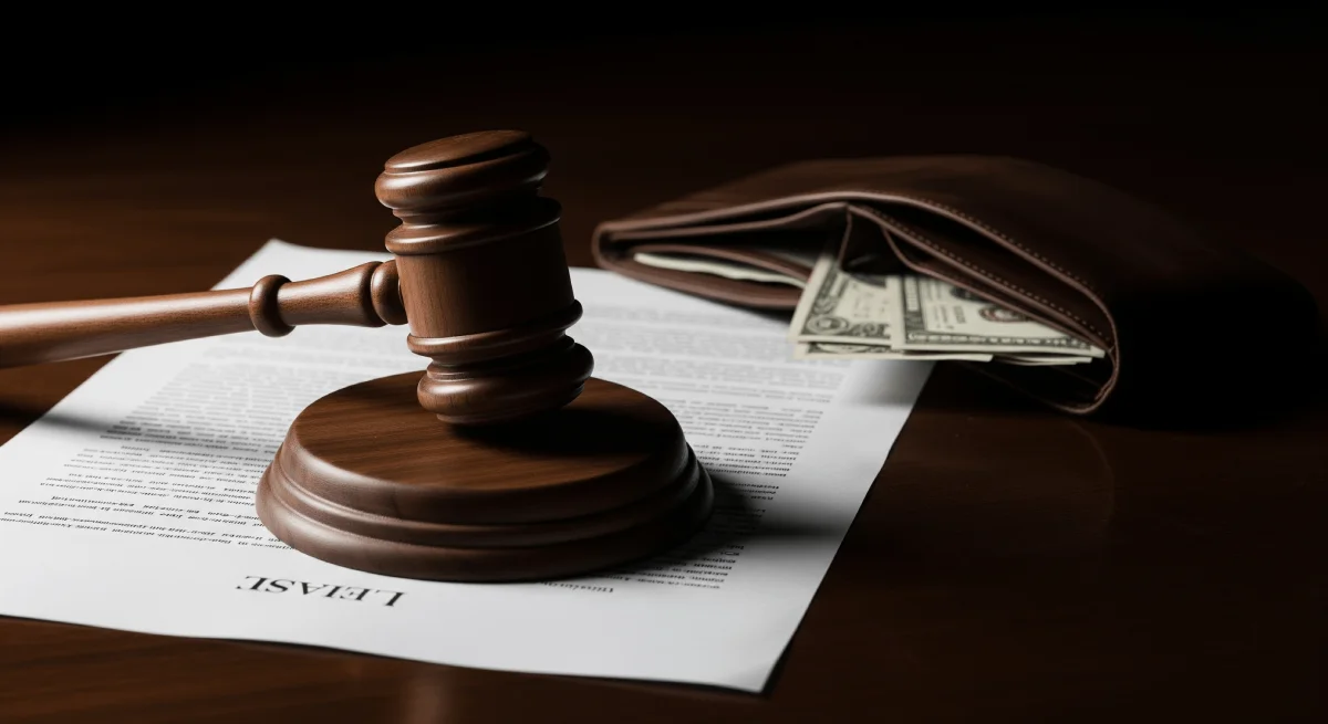 A gavel and legal document on a desk representing a CPS case, with an open wallet nearby to symbolize the lawyer costs involved.